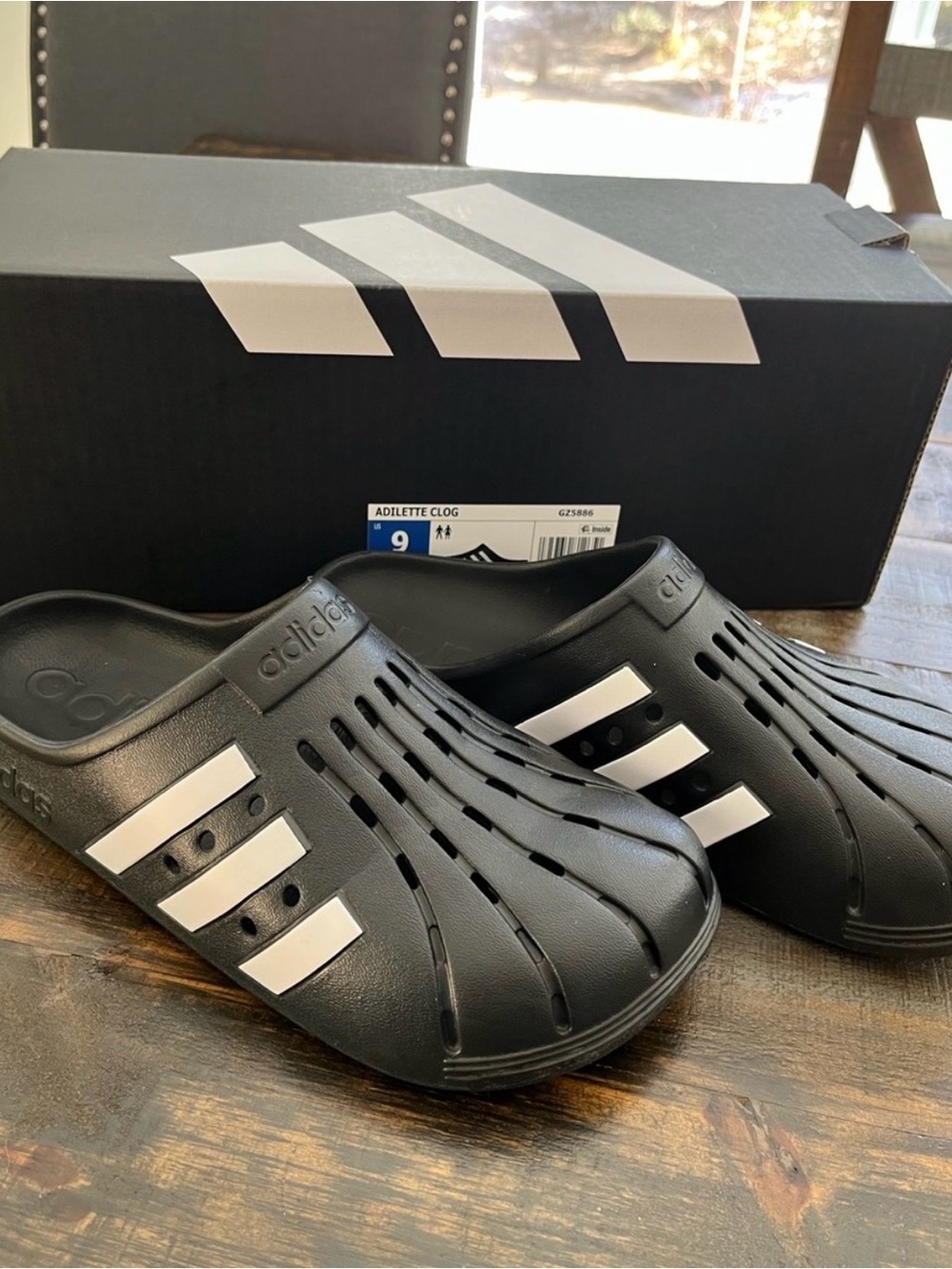 adidas Black Clog Sandals with White Stripes